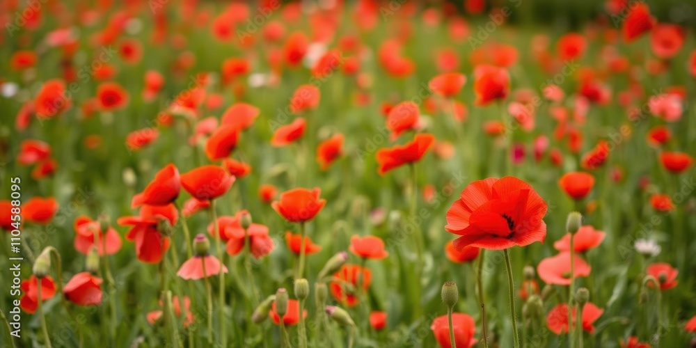 Vibrant red poppies blooming in field for Memorial Day remembrance, remembrance, honor Vibrant red poppies blooming in field for Memorial Day remembrance, remembrance, honor