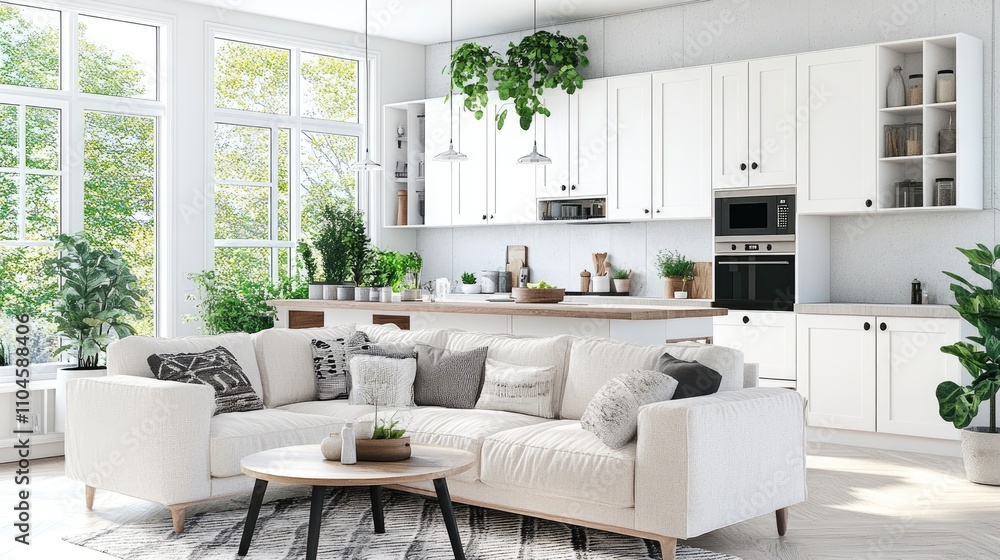 Modern Bright Living Room with Natural Light and Greenery Decor Modern Bright Living Room with Natural Light and Greenery Decor