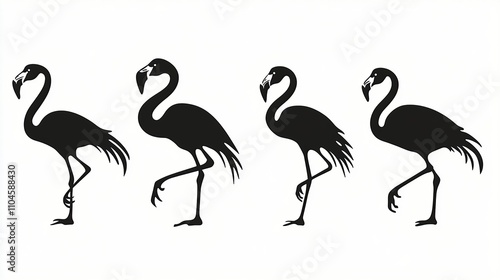 Four black silhouette flamingo illustrations in different positions, isolated on white background. photo