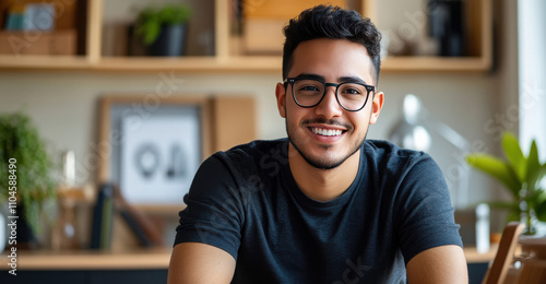 Cheerful Young Man Smiling in a Modern Home Office Environment