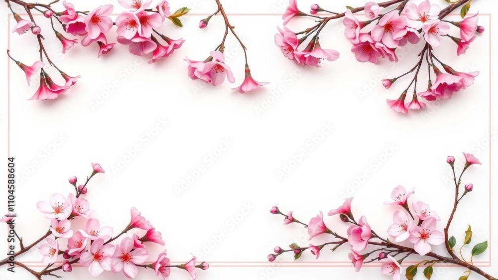 Cherry blossom flower border with white background and soft pink accents, blooming branches, white background Cherry blossom flower border with white background and soft pink accents, blooming branches, white background