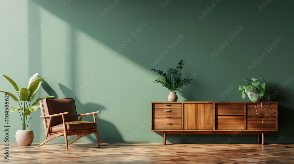 Mid-Century Modern Living Room: A serene and stylish mid-century modern living room interior design featuring a rich green wall, wooden sideboard, armchair, and lush potted plants. Mid-Century Modern Living Room: A serene and stylish mid-century modern living room interior design featuring a rich green wall, wooden sideboard, armchair, and lush potted plants.