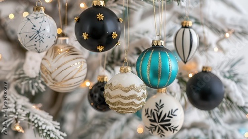 Stylish Nordic Christmas tree ornaments in black, white, gold, and turquoise photo