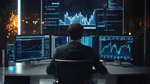 Wallpaper Mural Businessman Analyzing Stock Data on Multiple Monitors at Night Torontodigital.ca