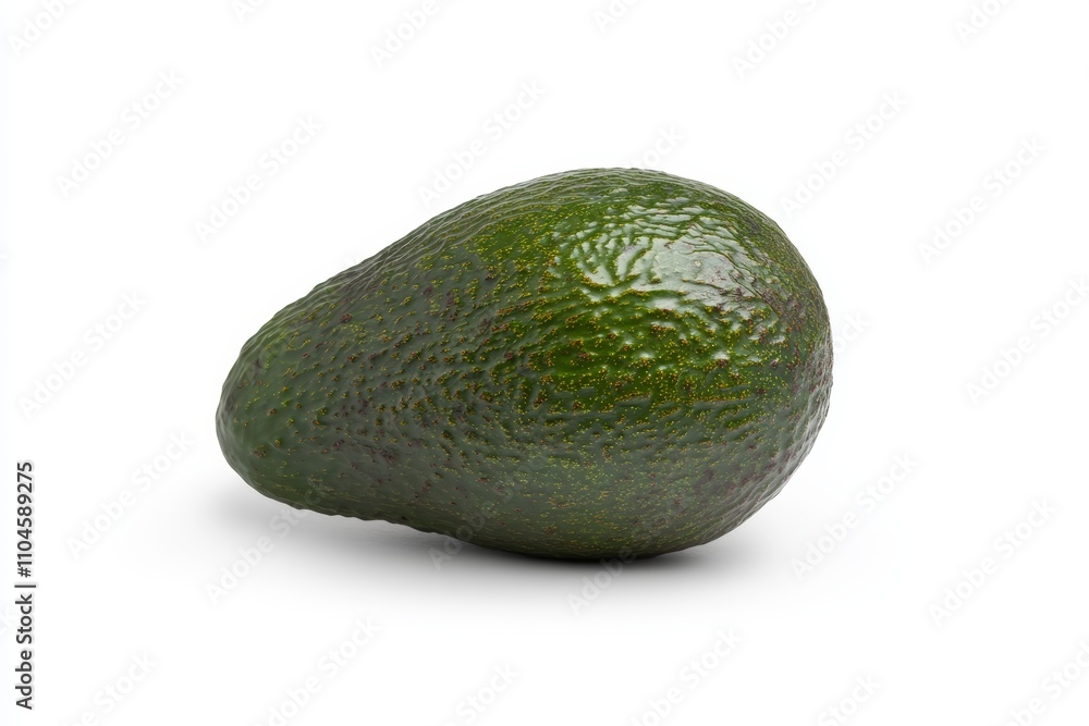 A green avocado is sitting on a white background