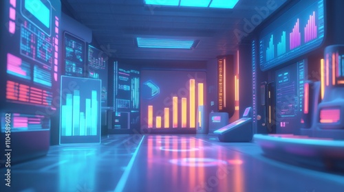 Futuristic Data Center with Neon Lights and Analytics Dashboards