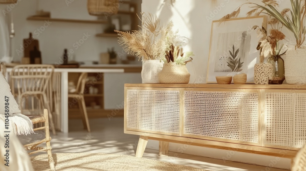 Obraz premium Cozy Living Room with Stylish Rattan Furniture and Natural Decor