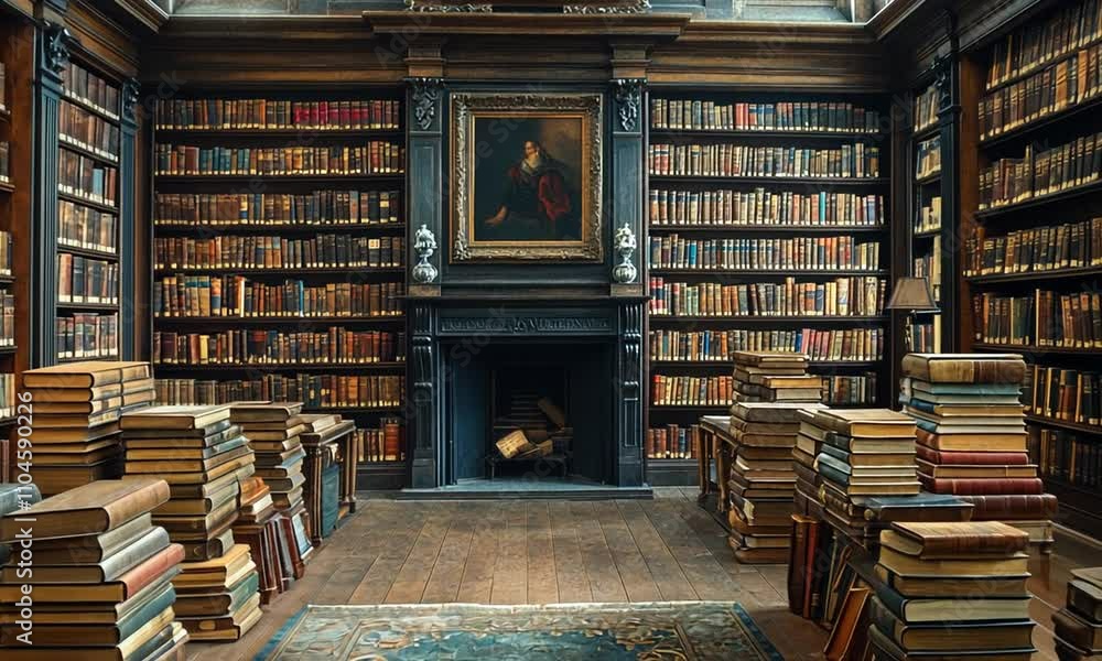 A grand library filled with books, featuring shelves, a fireplace, and a classic painting.
