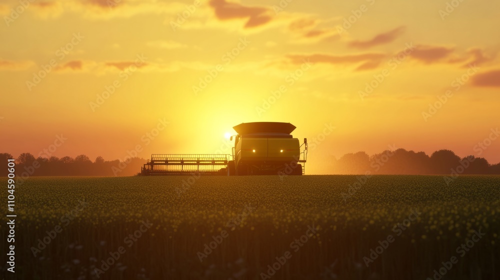 A modern combine harvester collecting canola crops during sunset A modern combine harvester collecting canola crops during sunset