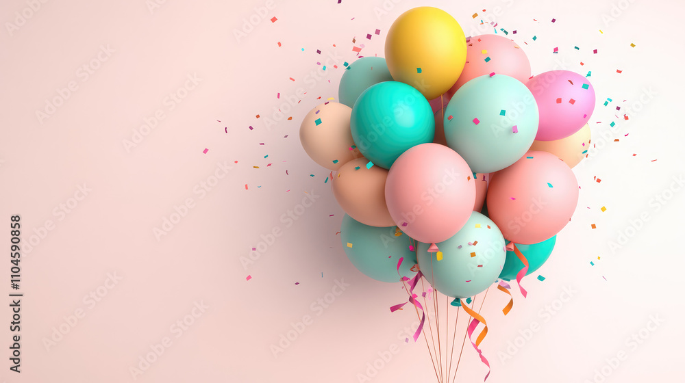Soft pink and blue pastel balloons hover in midair, with sparkling confetti and golden stars sprinkled around, creating a whimsical and festive atmosphere.
