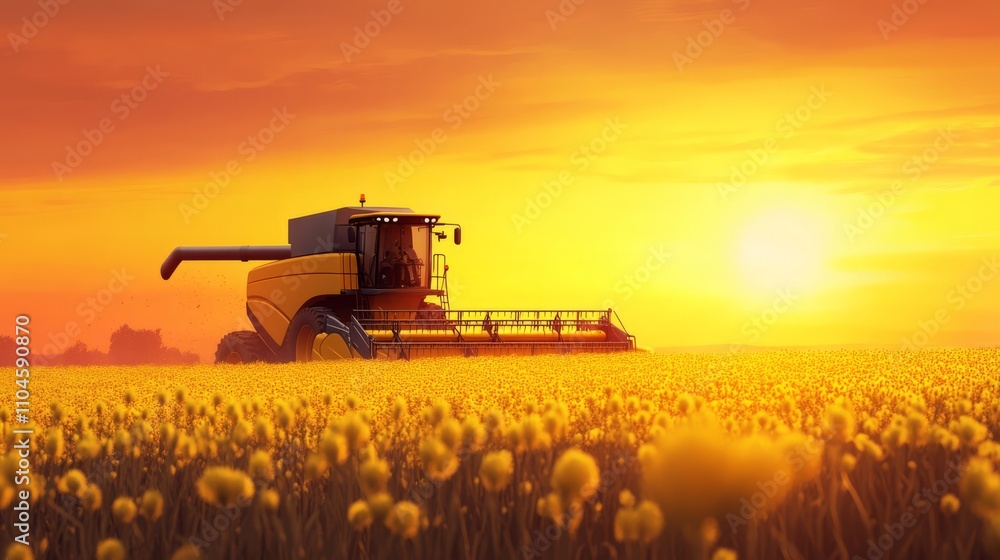 Naklejka premium A modern combine harvester collecting canola crops during sunset