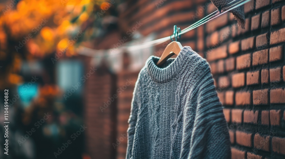 Fototapeta premium Cozy Sweater Hanging on a Clothesline in Autumn Environment