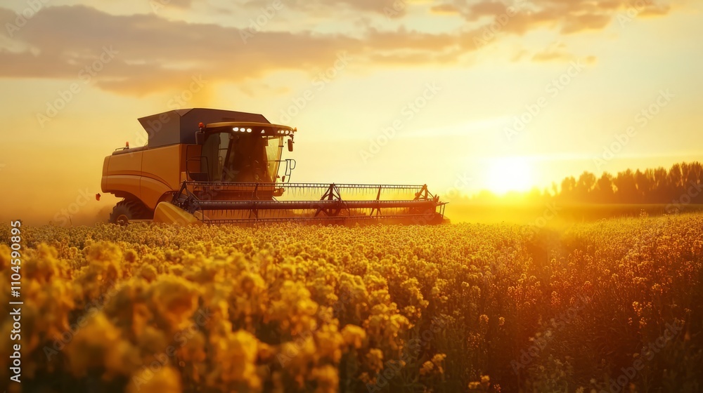 Fototapeta premium A modern combine harvester collecting canola crops during sunset