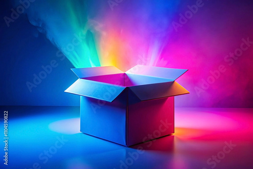 Open cardboard box glowing with vibrant rainbow light and smoke.
