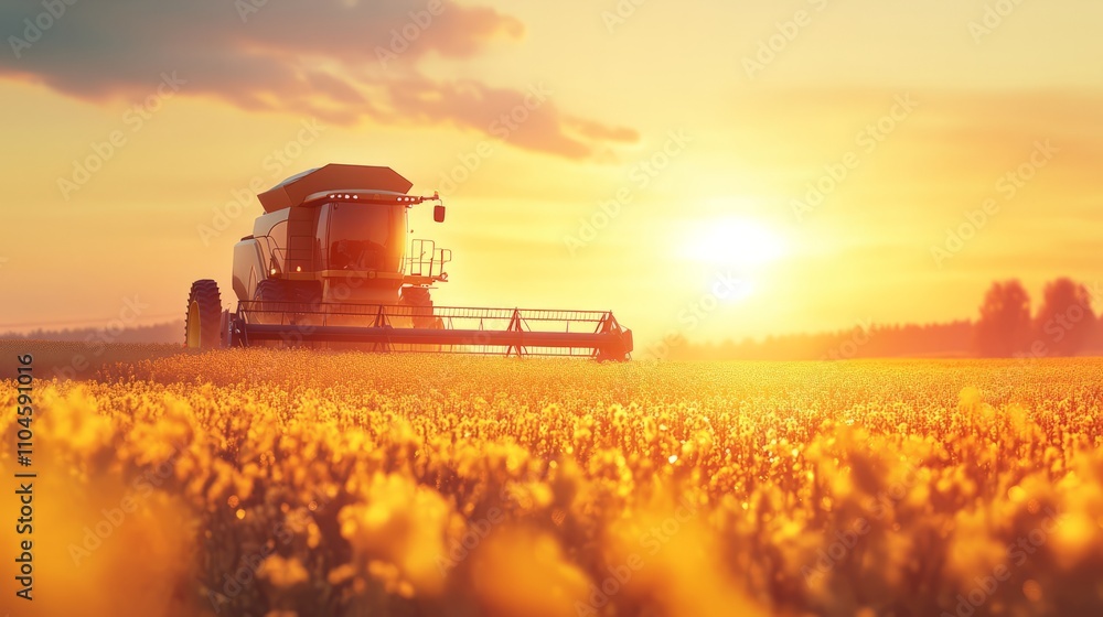 Fototapeta premium A modern combine harvester collecting canola crops during sunset