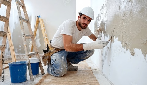 construction worker applying plaster to wall in modern room with ladder and buckets photo