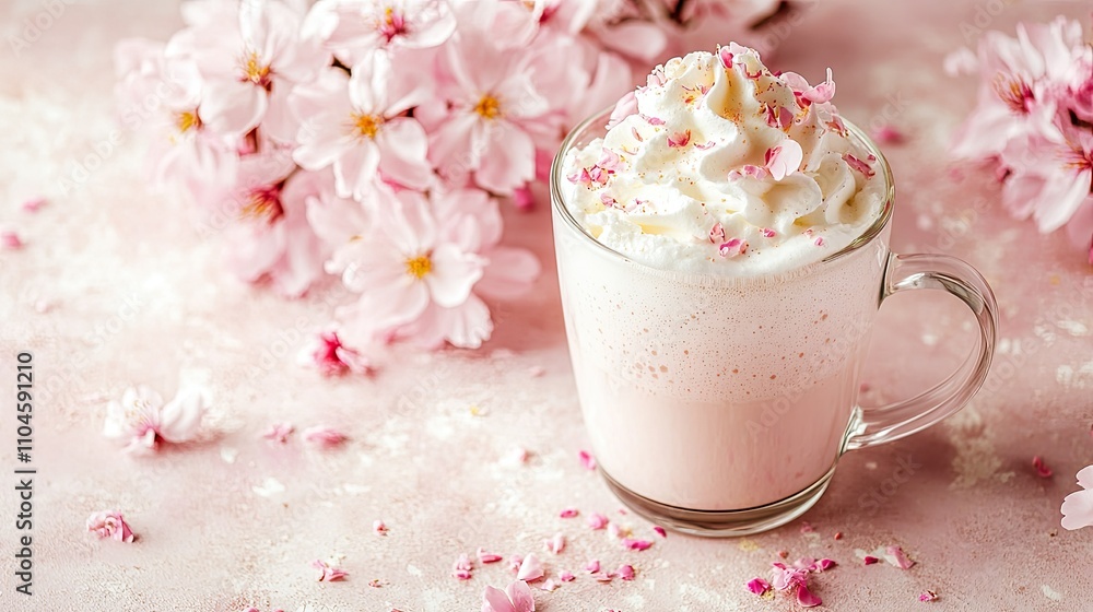 Refreshing Pink Beverage with Whipped Cream and Cherry Blossoms Refreshing Pink Beverage with Whipped Cream and Cherry Blossoms