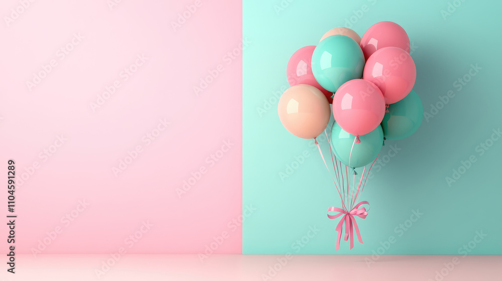 A bunch of balloons are floating in the air above a pink and blue wall A bunch of balloons are floating in the air above a pink and blue wall