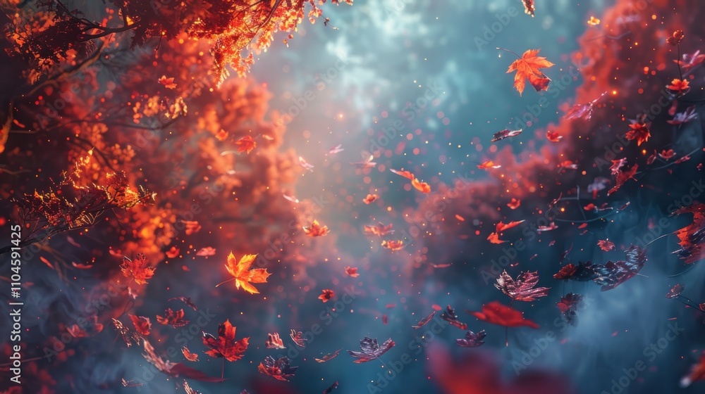 Falling autumn leaves in magical forest. Falling autumn leaves in magical forest.