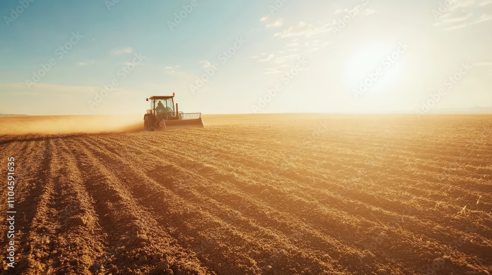 Fototapeta premium A modern cultivator breaking up soil in a dry field on a sunny afternoon