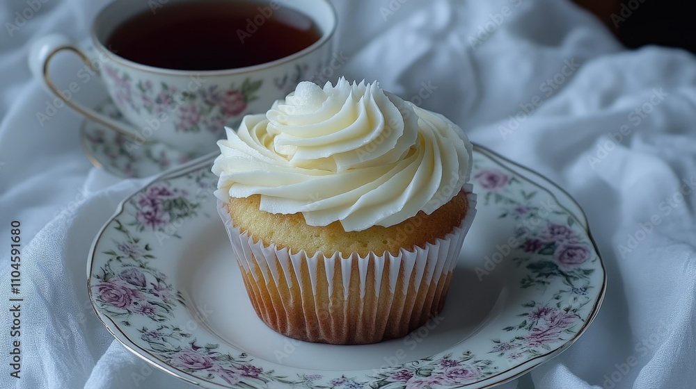 Delicate Cupcake with Creamy Frosting Next to Teacup on Table Delicate Cupcake with Creamy Frosting Next to Teacup on Table