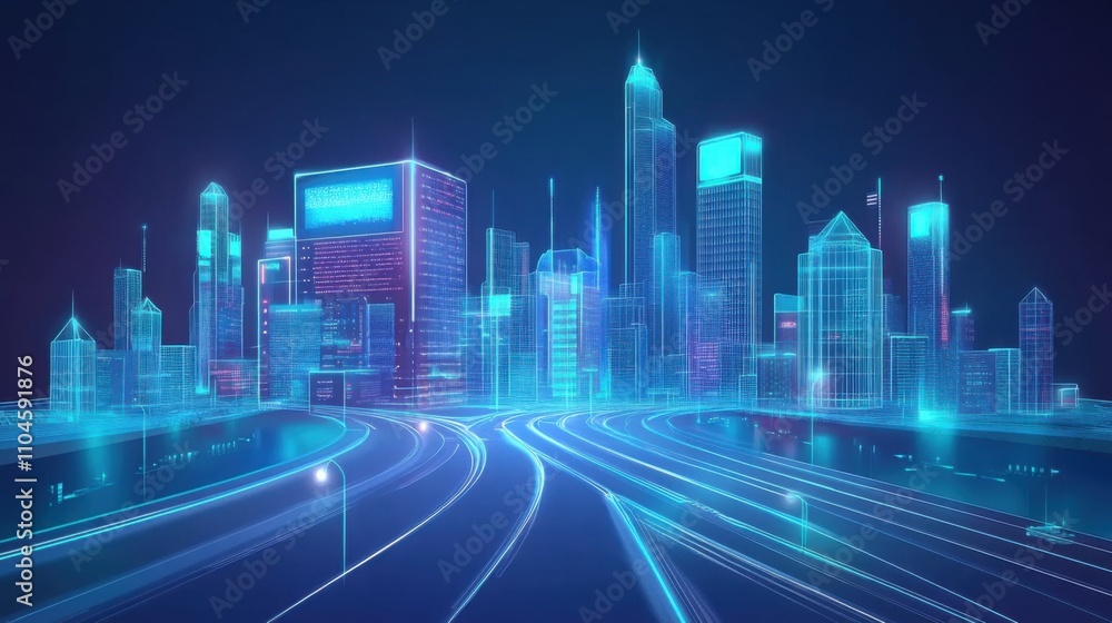 Futuristic Cityscape with Neon Lights and Digital Skyline Futuristic Cityscape with Neon Lights and Digital Skyline