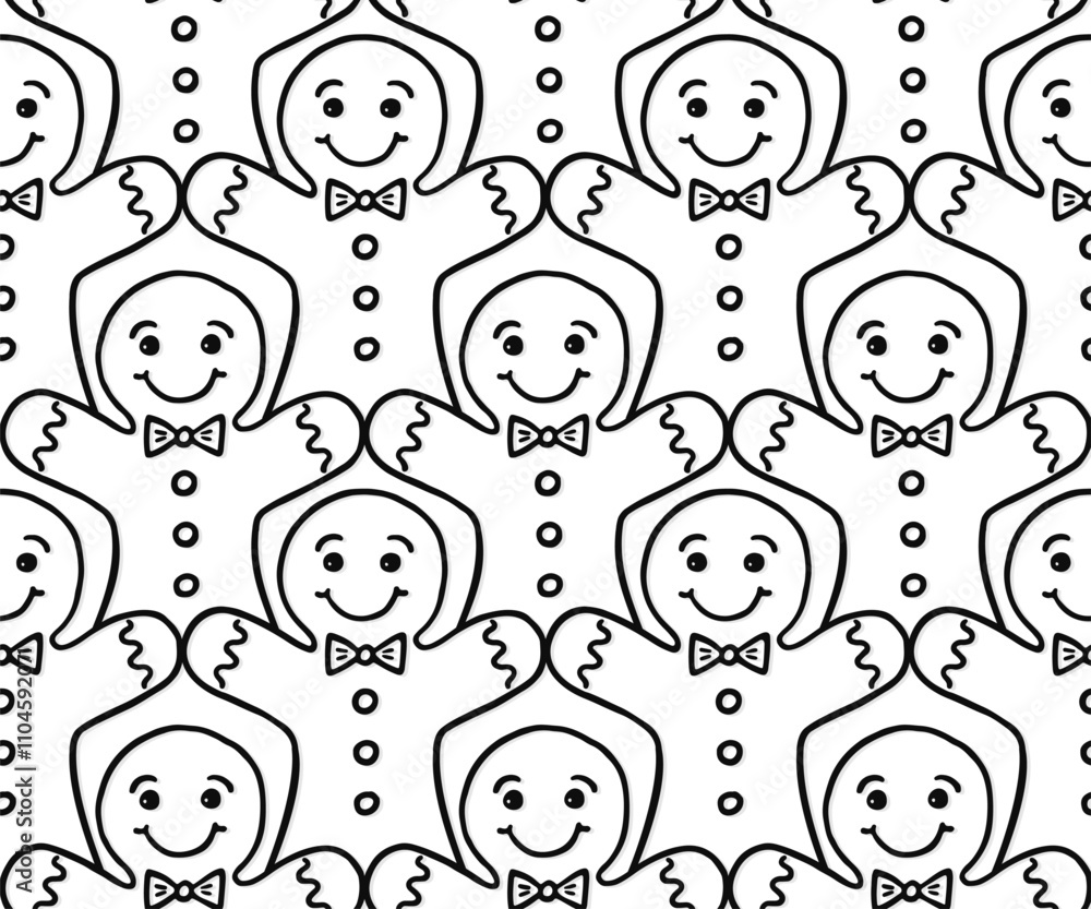 rows of sweet cookies gingerbread men with smily faces icing and buttons black and white linear vector food seamless pattern isolated on white background