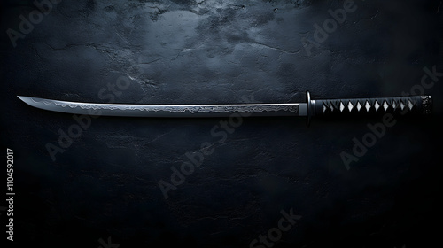 Elegant Katana Sword on Dark Background, A Sleek,  Ornate Blade Resting on a Textured Surface,  Exuding a Sense of Mystery and Ancient History.
