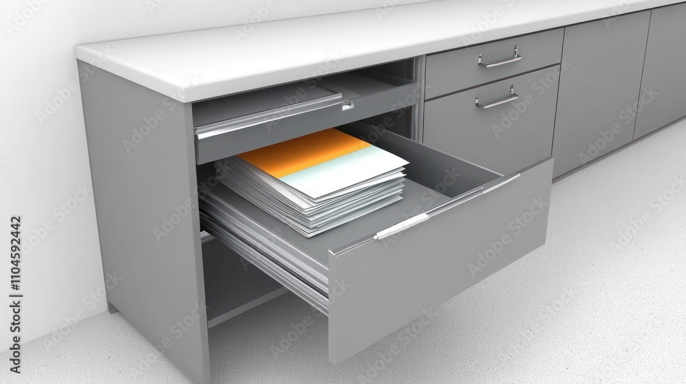 A modern office drawer with organized files and documents.