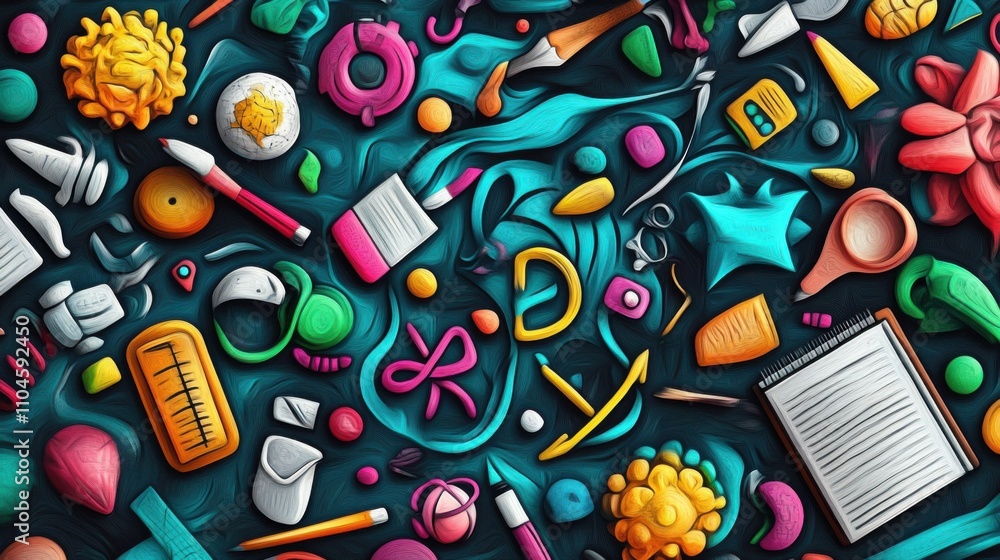 Colorful Abstract Arrangement of Various Art and Office Supplies Colorful Abstract Arrangement of Various Art and Office Supplies