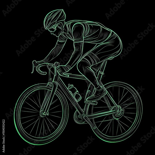 Green line art illustration of a cyclist riding a bicycle on a black background. photo