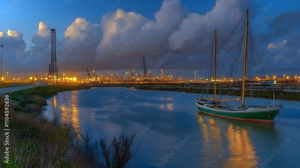 Evening Harbor, Sailboat at Dusk near Industrial Port Lights Evening Harbor, Sailboat at Dusk near Industrial Port Lights