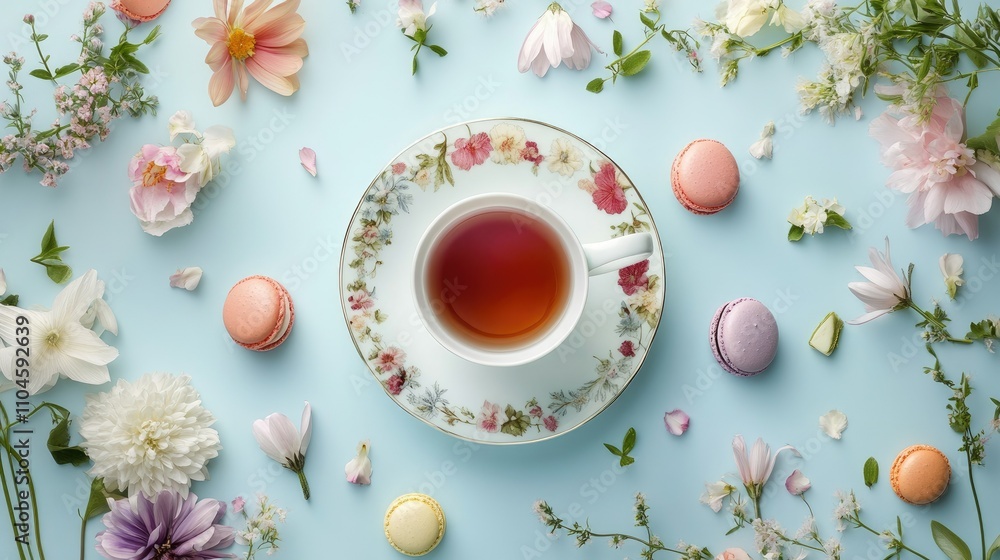 Delicate Tea Cup Surrounded by Colorful Macarons and Flowers Delicate Tea Cup Surrounded by Colorful Macarons and Flowers