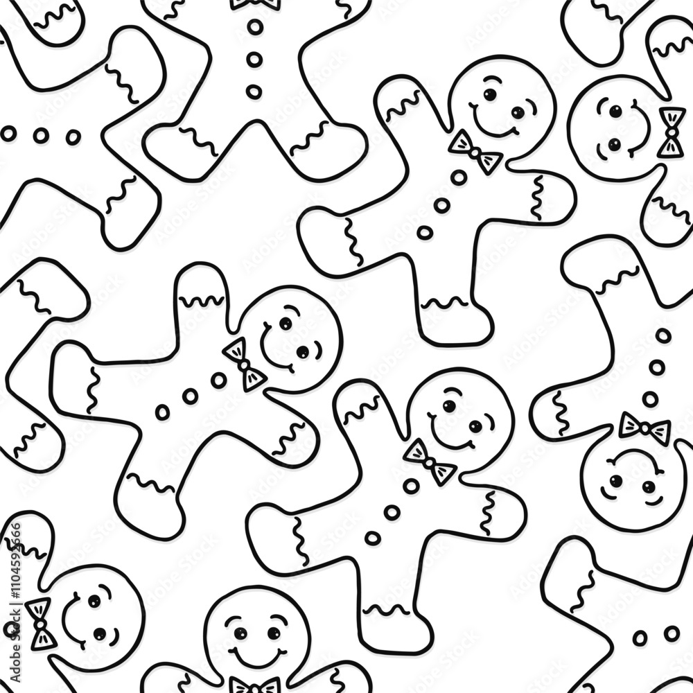 sweet cookies gingerbread men with smily faces icing and buttons messy black and white linear vector food seamless pattern isolated on white background