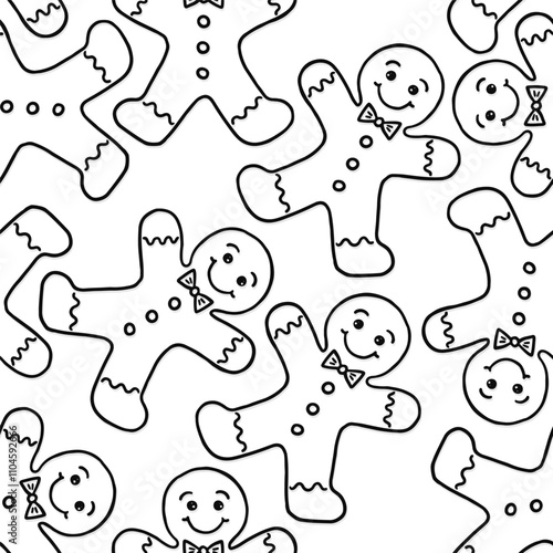 Obraz na płótnie sweet cookies gingerbread men with smily faces icing and buttons messy black and white linear vector food seamless pattern isolated on white background w salonie