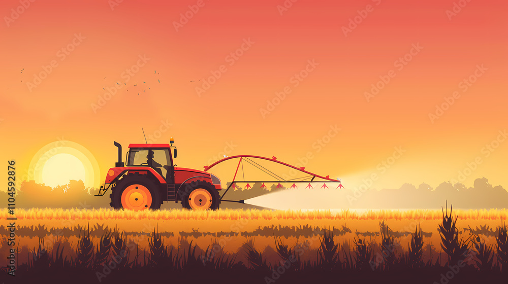 Tractor Spraying at Sunset: A vibrant, minimalist illustration depicting a red tractor spraying a golden field at sunset. The image evokes a sense of tranquility and the hard work of agriculture. Tractor Spraying at Sunset: A vibrant, minimalist illustration depicting a red tractor spraying a golden field at sunset. The image evokes a sense of tranquility and the hard work of agriculture.