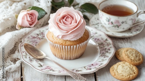 Elegant Cupcake with Rose Frosting and Tea in Vintage Setting