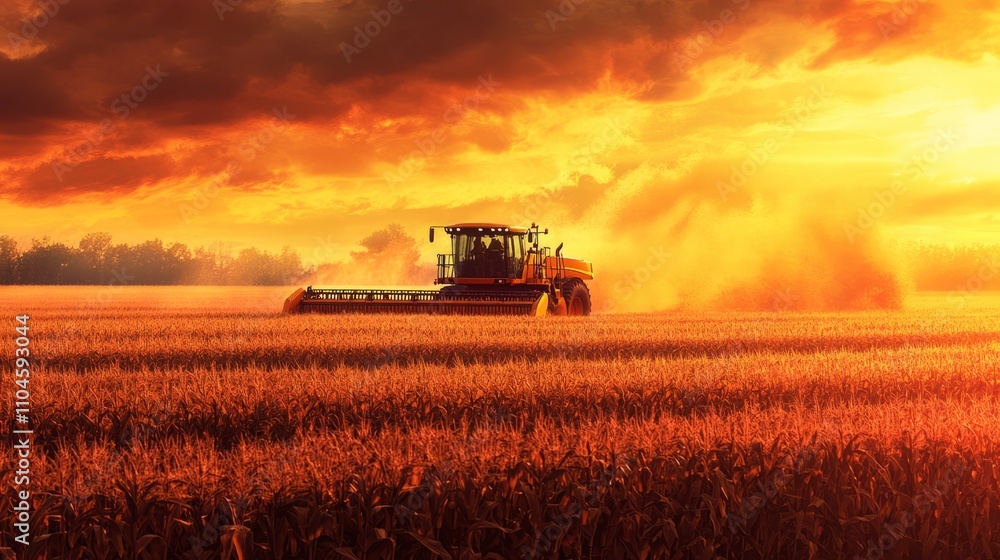 Obraz premium A modern harvester cutting through a field of corn during harvest season