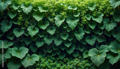 Natural green wall of large heart-shaped leaves. Rich foliage creates a vibrant tropical backdrop. Rich greenery fills the scene. Plants grow densely. The image exudes natural beauty.