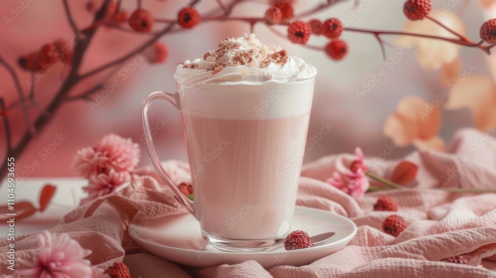 Creamy latte with whipped cream and nuts in glass mug. Creamy latte with whipped cream and nuts in glass mug.