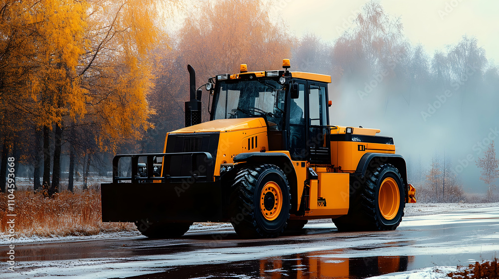 Powerful Yellow Tractor on Autumn Road, Heavy-Duty Vehicle Drives Through Scenic Fall Landscape Powerful Yellow Tractor on Autumn Road, Heavy-Duty Vehicle Drives Through Scenic Fall Landscape