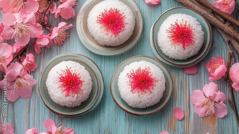 Elegant Presentation of Rice Balls with Floral Accents on Wood Surface Elegant Presentation of Rice Balls with Floral Accents on Wood Surface