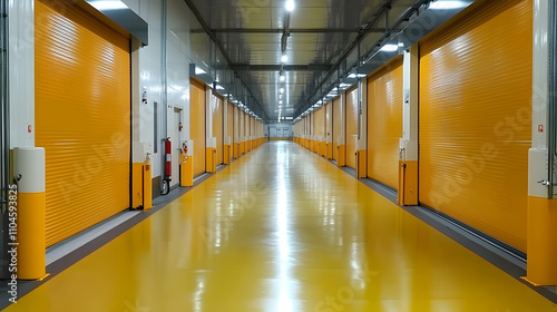 Industrial Warehouse Interior, Yellow Roll-Up Doors Line a Gleaming Yellow Floor, Creating a Modern and Efficient Space