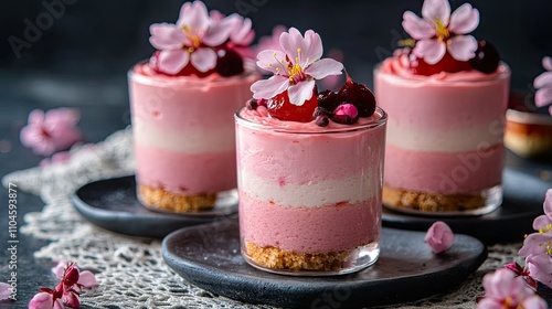 Wallpaper Mural Delicious Pink Dessert Cups with Cherry Toppings and Flowers Torontodigital.ca