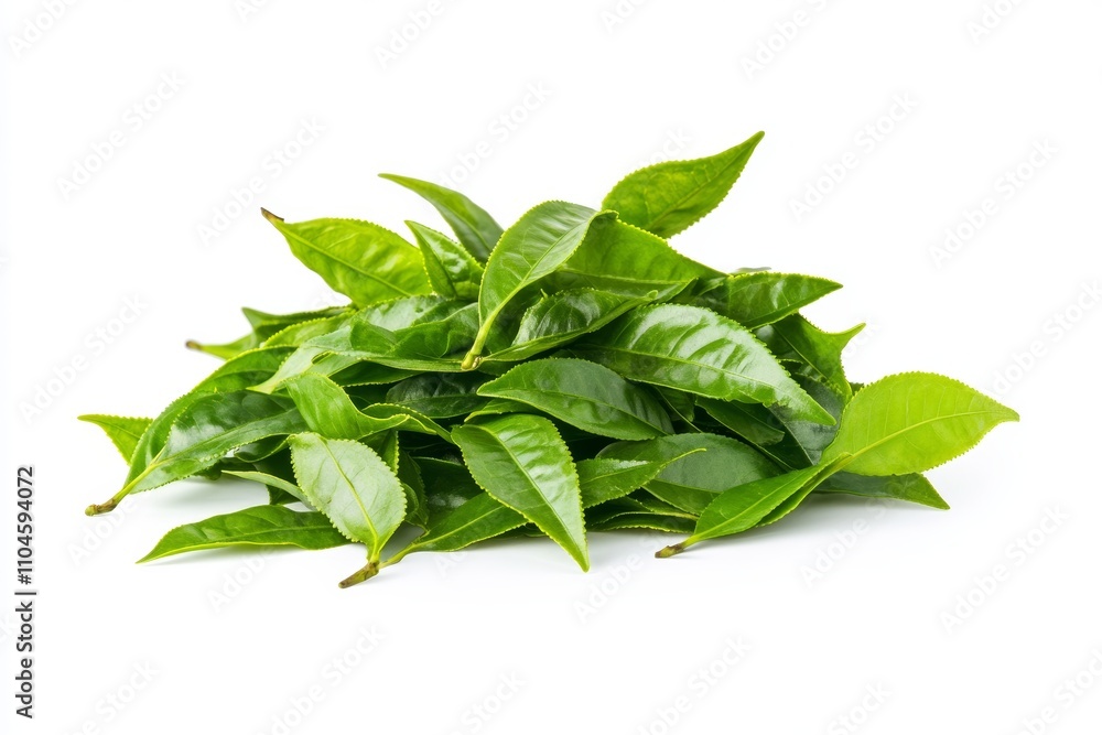 Fresh green tea leaves pile on white background highlighting vivid color and organic texture Fresh green tea leaves pile on white background highlighting vivid color and organic texture