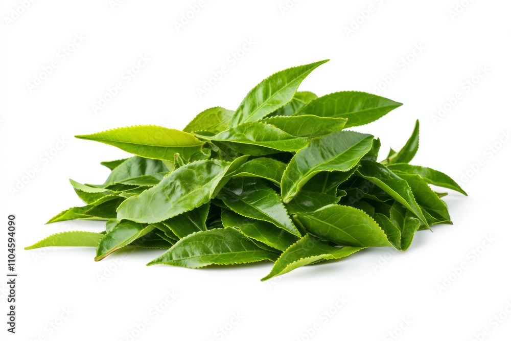 Fresh green tea leaves pile on white background displaying vibrant color and texture Fresh green tea leaves pile on white background displaying vibrant color and texture