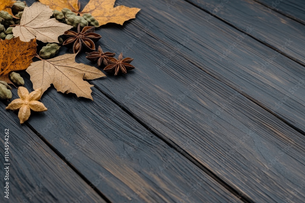 Autumn Leaves and Spices Arranged on a Dark Wooden Surface for Seasonal Decor and Culinary Inspiration with a Rustic, Natural Aesthetic Autumn Leaves and Spices Arranged on a Dark Wooden Surface for Seasonal Decor and Culinary Inspiration with a Rustic, Natural Aesthetic