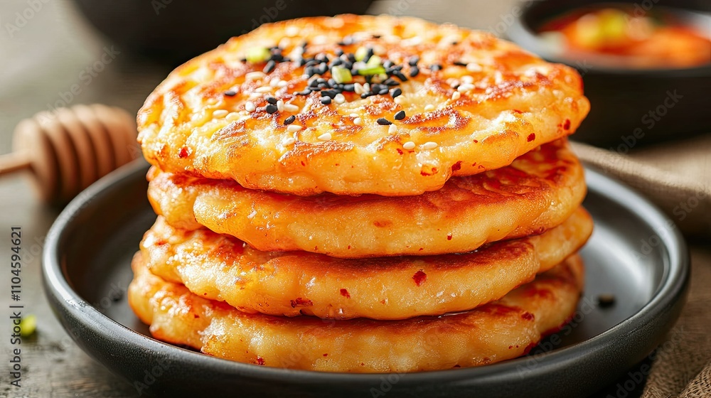 Delicious Stack of Savory Pancakes with Black Seeds and Honey Delicious Stack of Savory Pancakes with Black Seeds and Honey