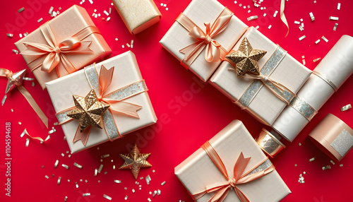 Christmas magic in a frame: Top view of homemade shimmering ribbon-tied gift boxes, gold star, sparkling wrapping paper roll, confetti, on a red background, room for your text or advert isolated wit photo