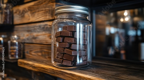 Glass jar filled with dark chocolate pieces on wooden shelf